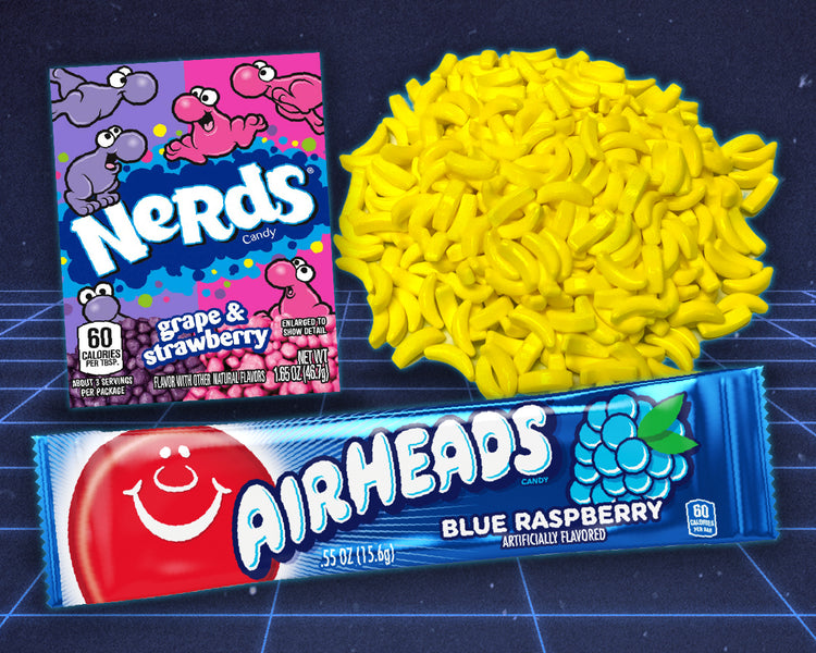 A blue '80s inspired background with Nerds, Bananarama, and Airheads candy.