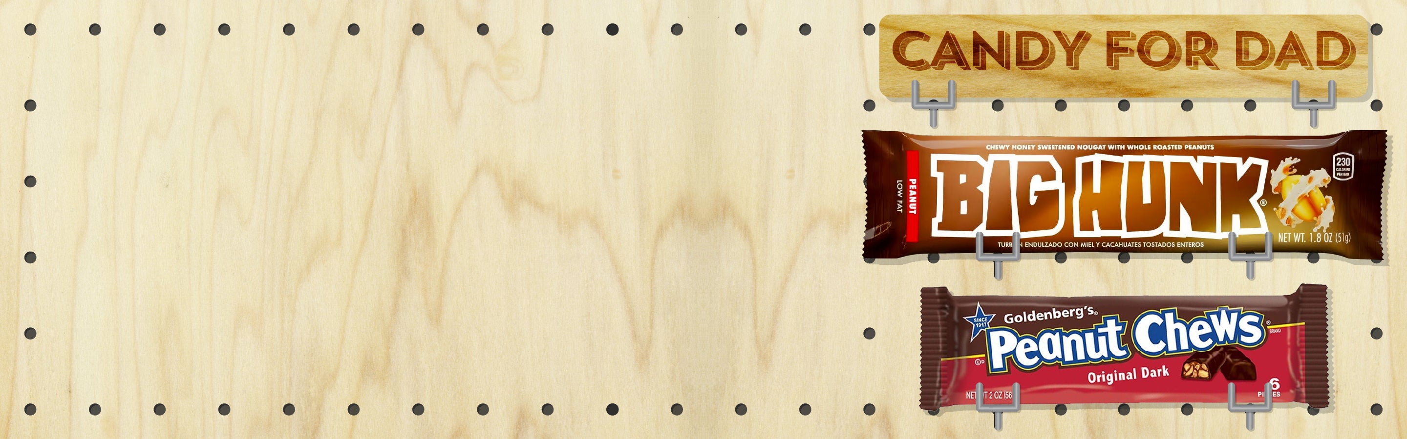 Father's Day Promo Graphic. A wood pegboard holding candy.